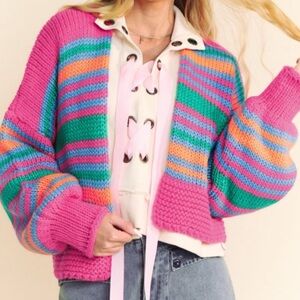 Pink striped colorful puff sleeve cardigan